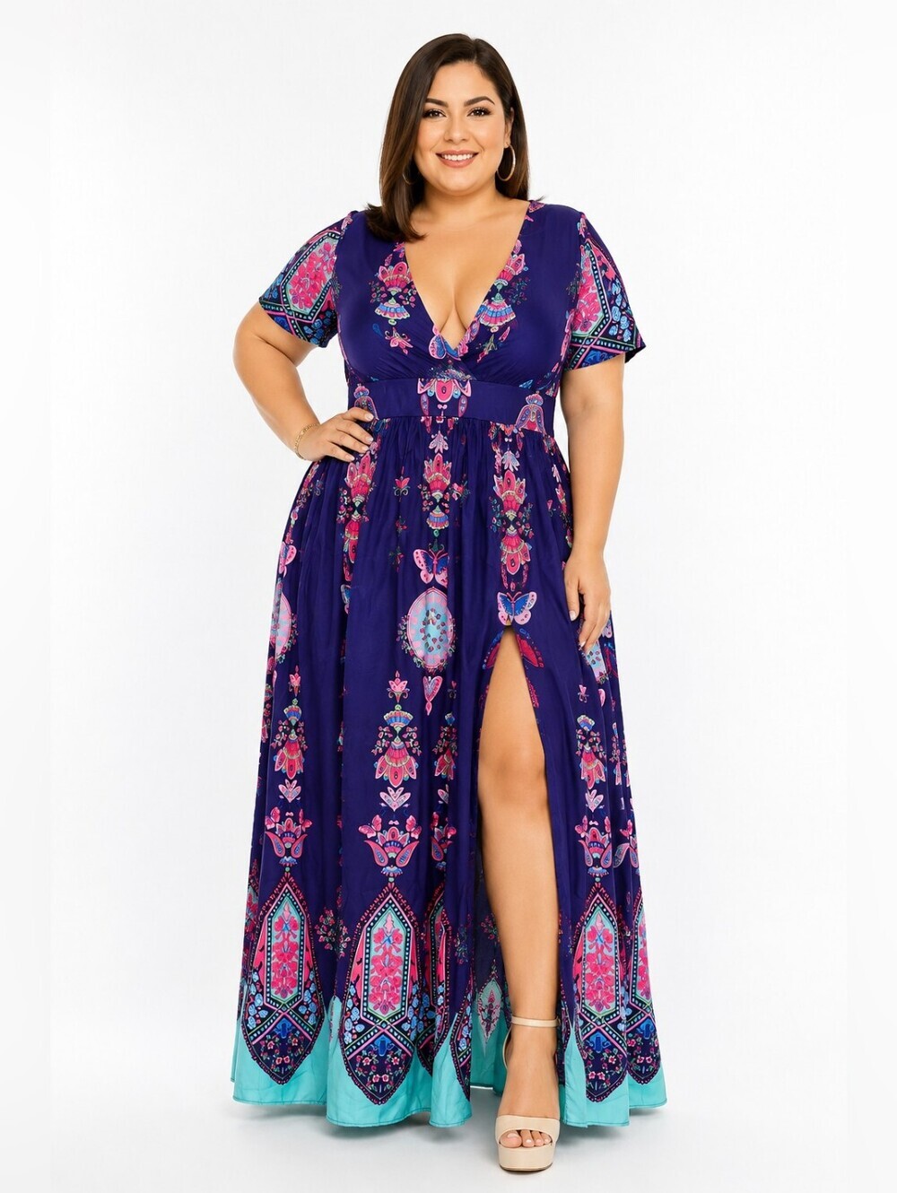 UYTGOFE Women's Plus Size 1X Boho Floral Butterfly Print Maxi Dress.
